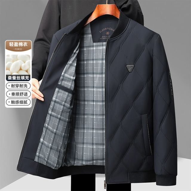 11055753.菱形格棒球领含桑蚕丝秋冬男士轻盈薄款棉衣休闲外套百搭
