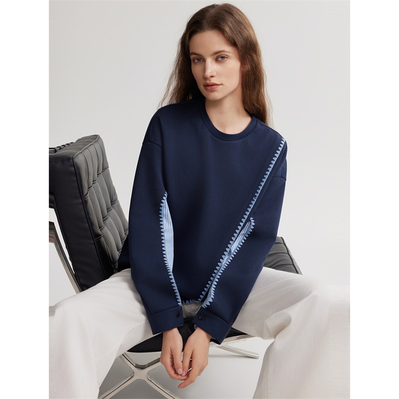13313754.ELLE法式设计感拼接撞色圆领卫衣女小个子气质上衣