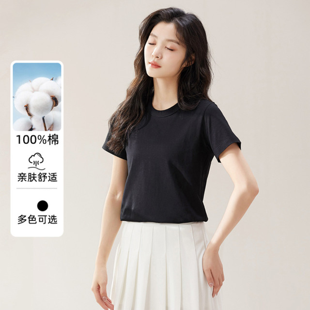 11072995.猫人【180克重磅纯棉】T恤女夏季薄款纯色简约短袖圆领打底衫女