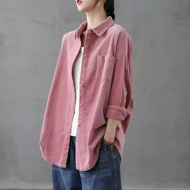13459913.初云紫衣春秋装 女灯芯绒粉色衬衣外套韩版显瘦设计感衬衫上衣1051
