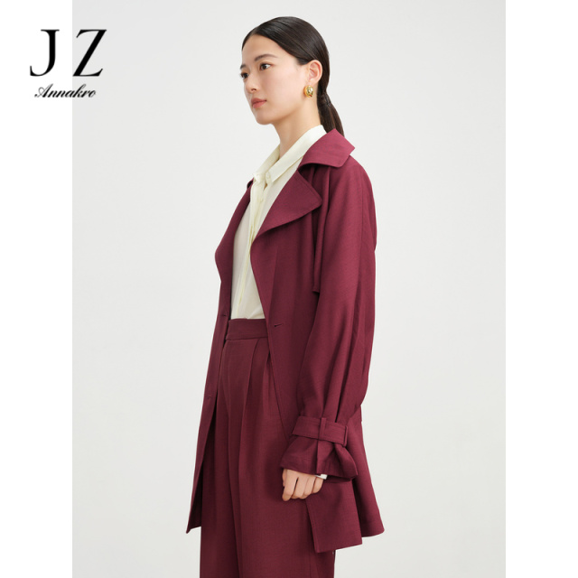 11076298.玖姿安娜蔻商务通勤风腰带收腰X型一手长薄款风衣女2024春季新款