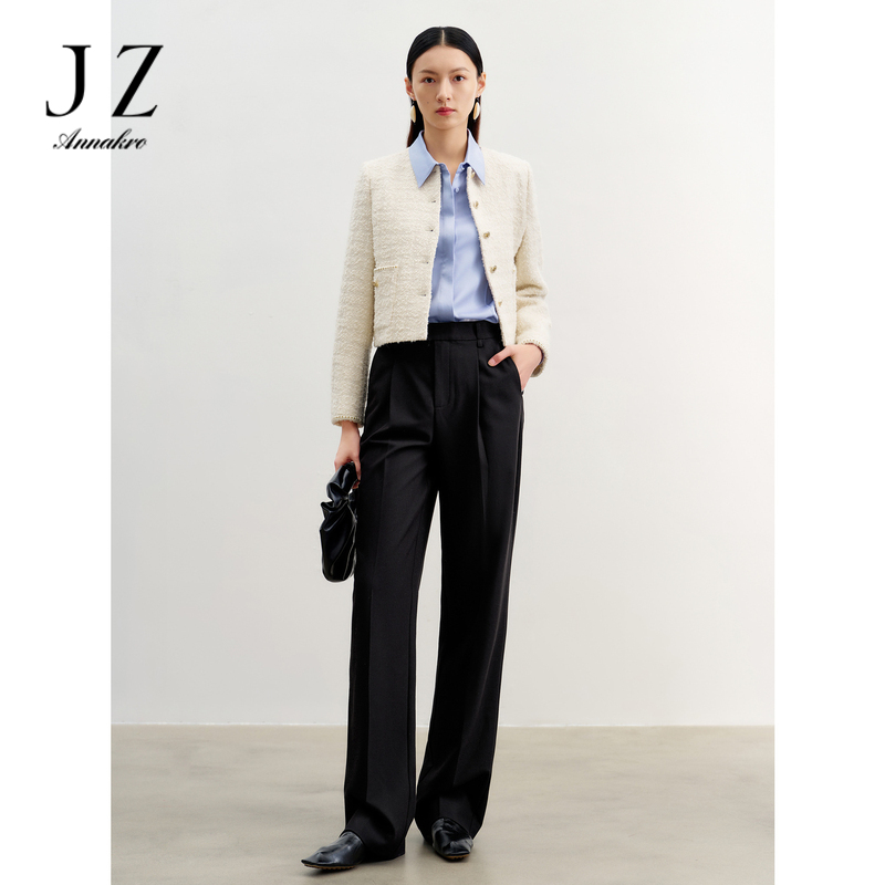 11075002.玖姿安娜蔻简约百搭天丝羊毛修身直筒裤休闲裤女2024春季新款