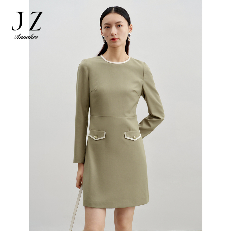 11076467.玖姿安娜蔻法式香风通勤撞色羊毛精纺内搭连衣裙女2024春季新款