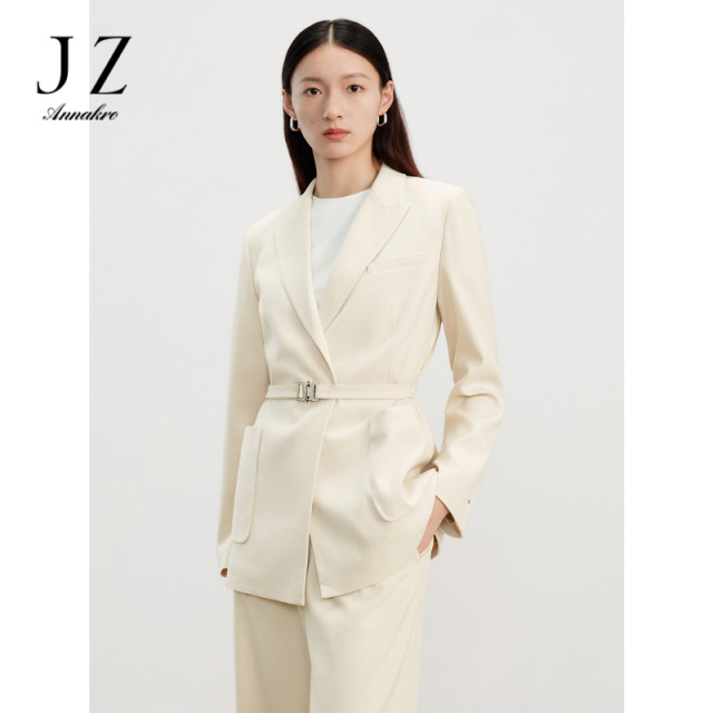 11075732.玖姿安娜蔻简约风设计腰带天丝羊毛西装休闲外套女2024春季新款