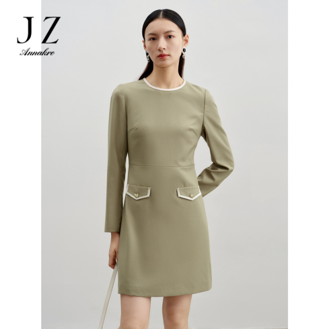 11076467.玖姿安娜蔻法式香风通勤撞色羊毛精纺内搭连衣裙女2024春季新款