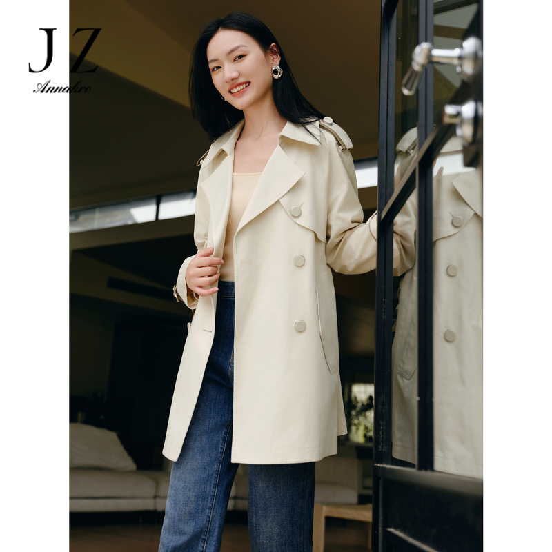11076466.玖姿安娜蔻都市工装风撞色腰带纽扣肩袢X型风衣女春季新款