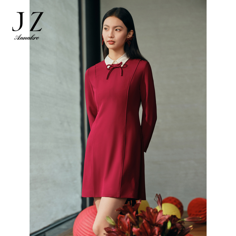 11076464.【红运 红韵】玖姿安娜蔻轻礼服蝴蝶结修身连衣裙女2024春季新款