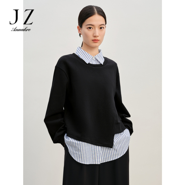 11079295.玖姿安娜蔻解构主义休闲假两件条纹宽松上衣卫衣女2024春季新款