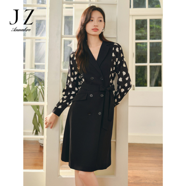 11078775.玖姿安娜蔻轻熟风假两件花影拼接印花X型连衣裙女2024春季新款