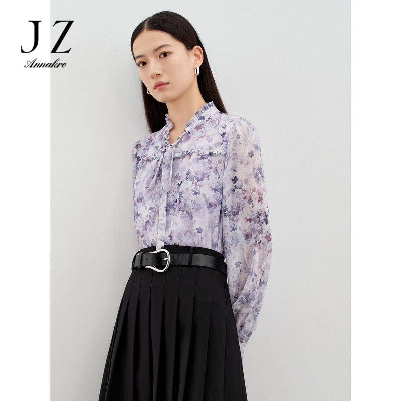 11078771.【草木系列】玖姿安娜蔻雪纺印花飘带领木耳边衬衫女2024春季新款