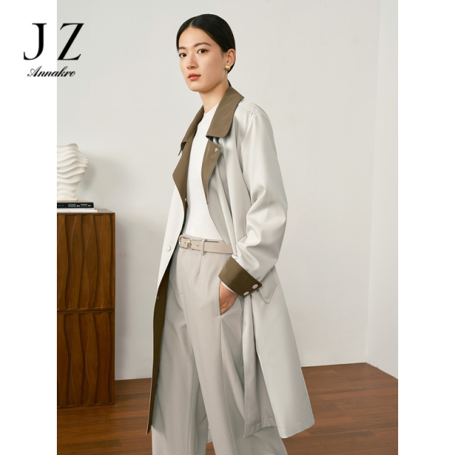 11081555.玖姿安娜蔻商务通勤OL撞色H型设计感长款风衣外套女2023秋季新款