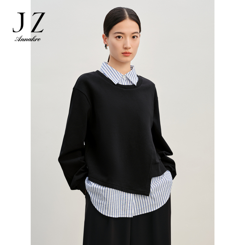 11079295.玖姿安娜蔻解构主义休闲假两件条纹宽松上衣卫衣女2024春季新款