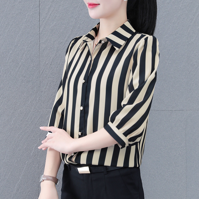 11082405.7-CHAOY条纹七分袖衬衫女春秋款洋气衬衣显瘦外穿小衫【7-CHAOY女装1】