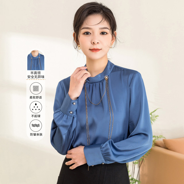 11094668.【专柜新品】【通勤打底衫】纯色立领气质修身上衣百搭衬衣女