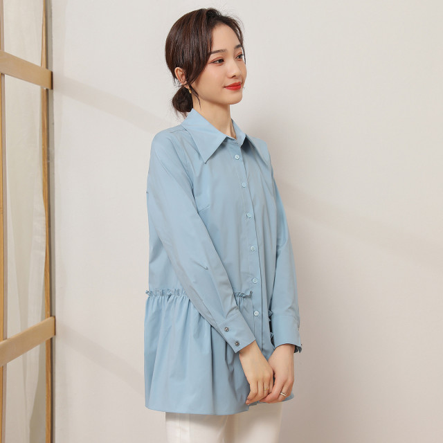 11094594.【专柜新品】【纯色衬衫】新款翻领时尚百搭减龄木耳边中长款上衣女