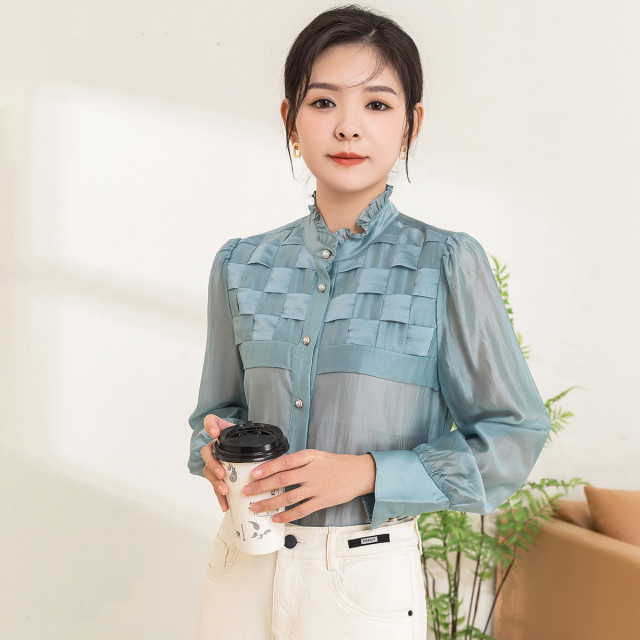 11095908.【专柜新品】【立领木耳边衬衫】新款优雅温柔上衣编织衬衣女