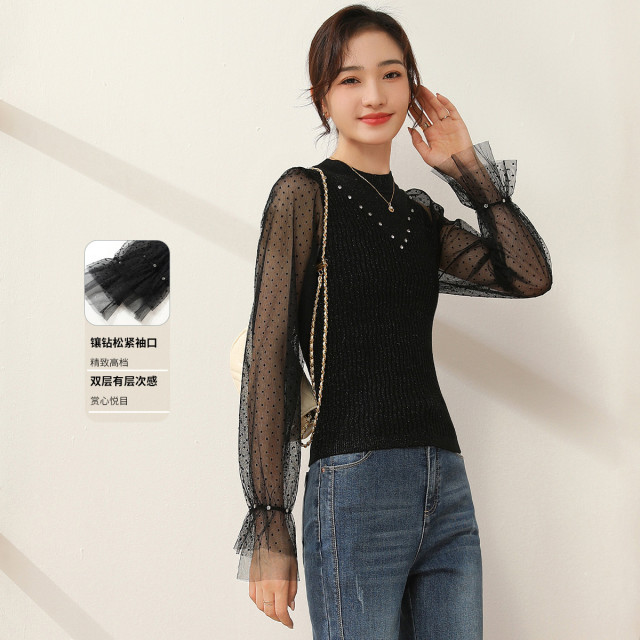 11098324.【专柜新品】【拼接网纱针织衫】半高领纯色高弹通勤百搭上衣