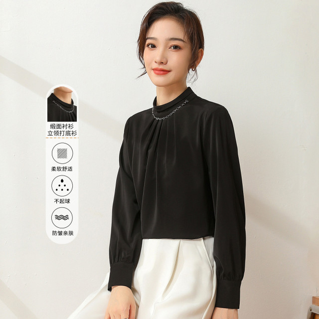 11097951.【专柜新品】【缎面衬衫】纯色立领垂感套头衫气质通勤打底衫