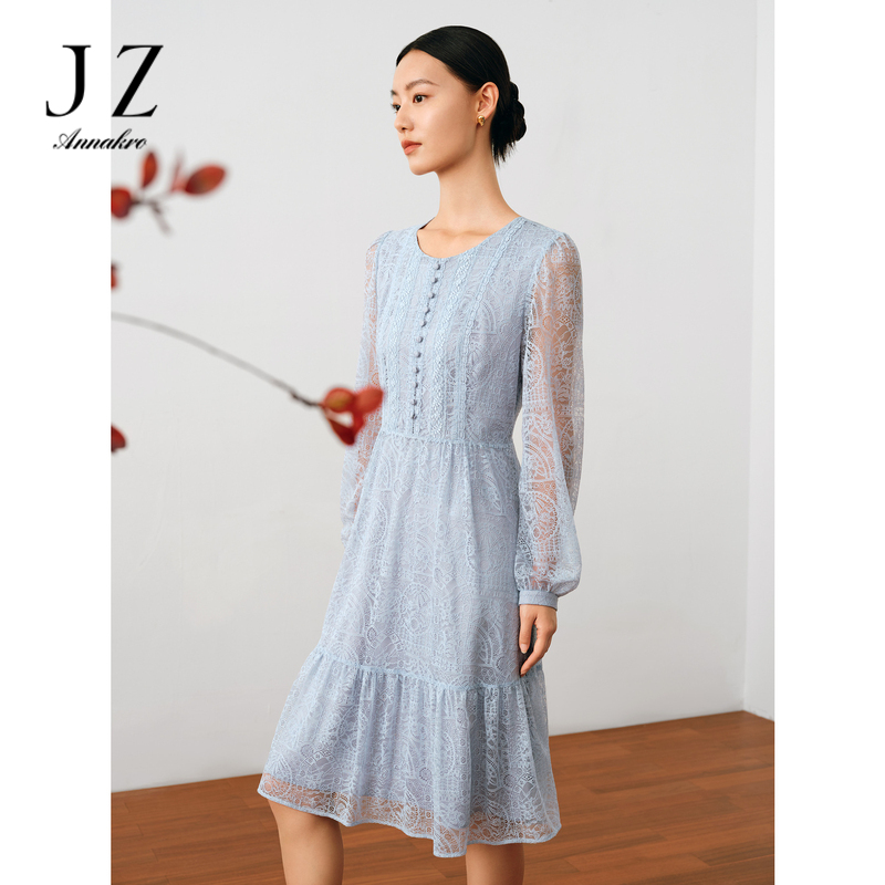 11093082.玖姿安娜蔻气质优雅日常蕾丝泡泡袖荷叶边连衣裙女2023秋季新款