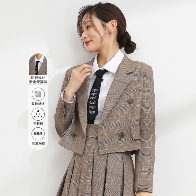 11098289.【专柜新品】【短款格子西装外套】春季翻领双排扣小个子通勤百搭上衣