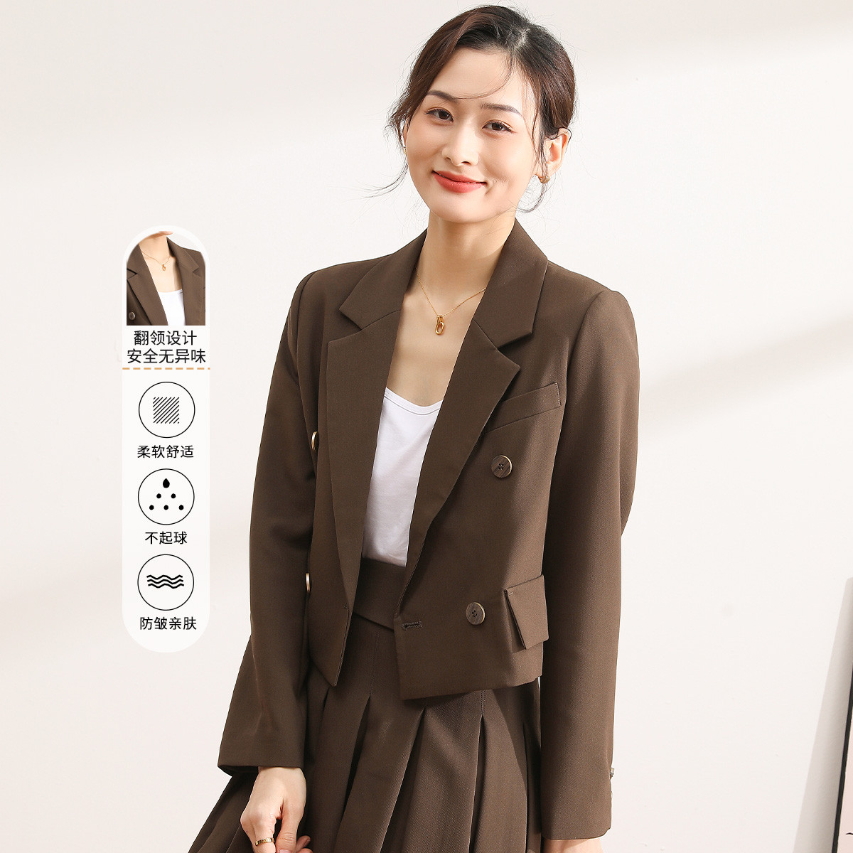 11098289.【专柜新品】【短款格子西装外套】春季翻领双排扣小个子通勤百搭上衣