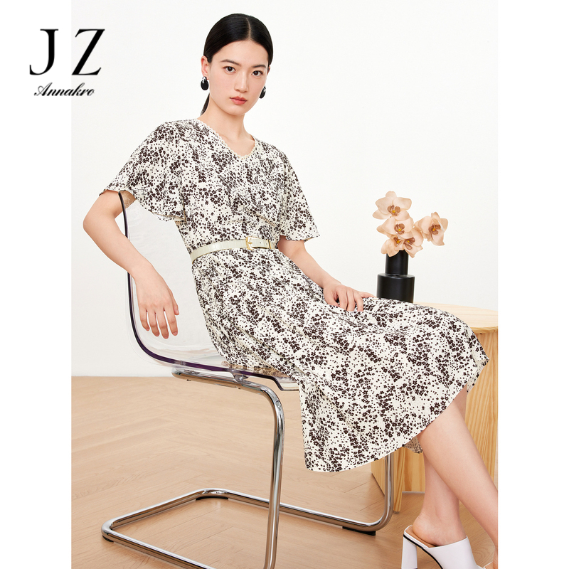 11093199.JZ玖姿法式复古风碎花收腰雪纺长款连衣裙茶歇裙女2023夏季新款