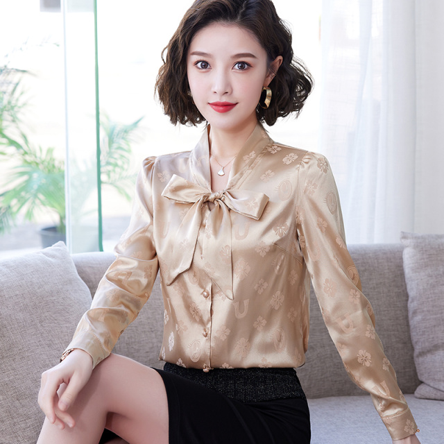 11103156.七玻威蝴蝶结飘带女式缎面春秋新款洋气时髦长袖衬衫【七玻威女装1】