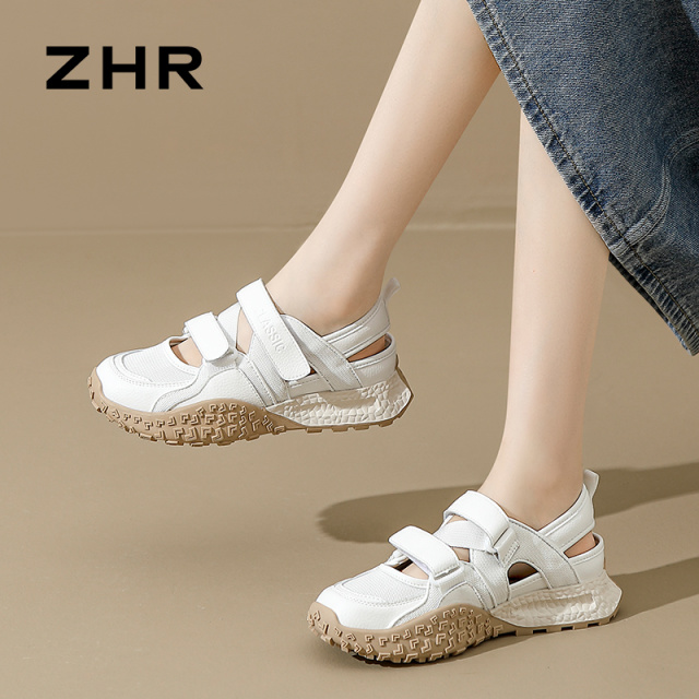 13602401.【ZHR则则】户外休闲鞋圆头魔术贴厚底女鞋[米色超纤、银色PU]