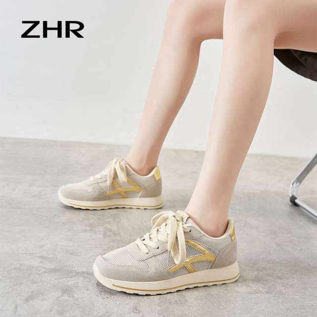 12733824.【ZHR则则】阿甘鞋圆头系带平底女鞋[牛剖层绒面革+PU+网布]