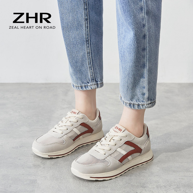 12733824.【ZHR则则】阿甘鞋圆头系带平底女鞋[牛剖层绒面革+PU+网布]
