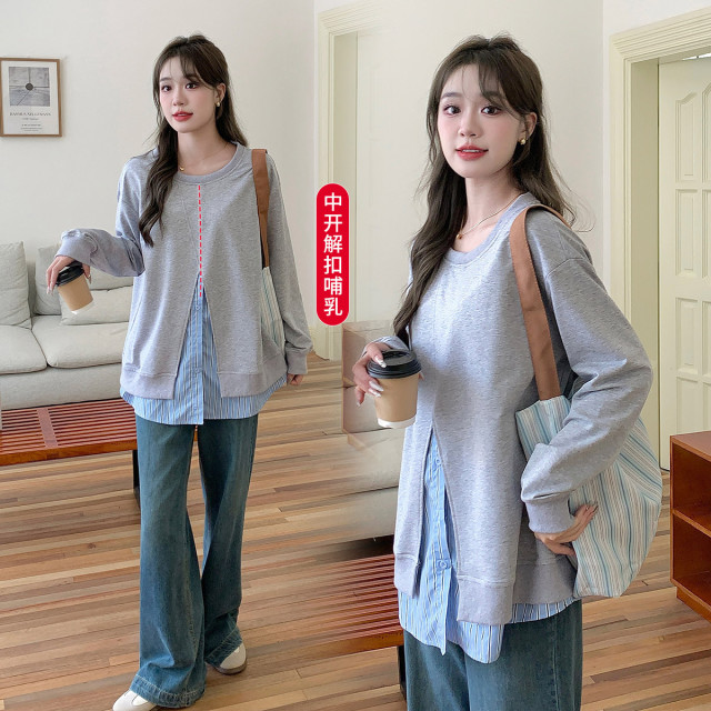 11144956.兔妈哺乳衣秋季新款宽松孕妇上装产后喂奶衣大码孕妇T恤假两件春秋装