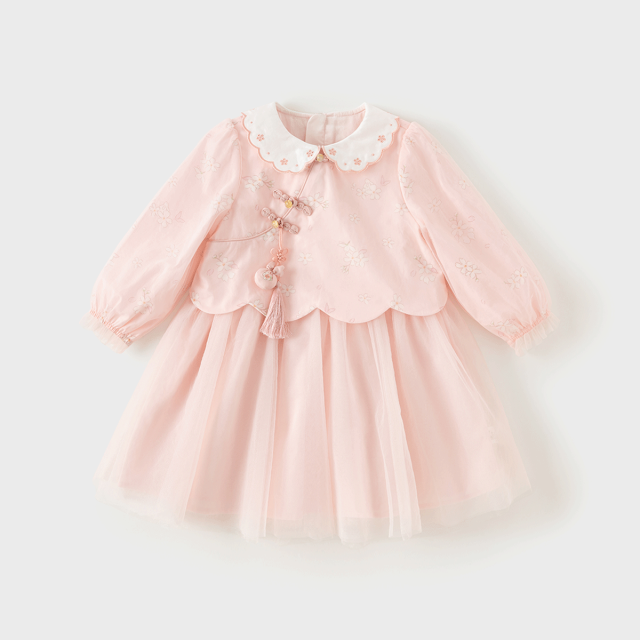 11828145.戴维贝拉儿童连衣裙秋装女童网纱裙中国风假两件汉服裙子