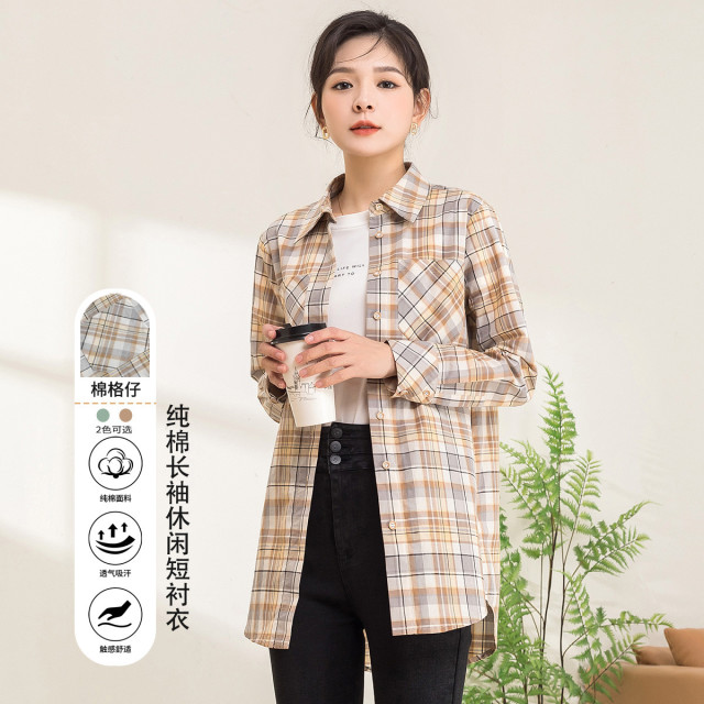 11187102.【专柜新品】【棉】翻领格子单排扣长袖衬衣一手长衬衫女