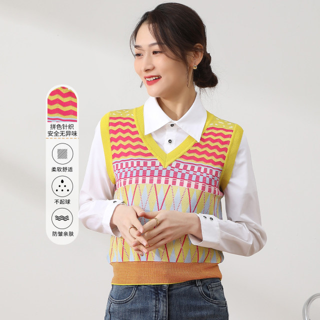 11188047.【专柜新品】【拼色马夹】春季V领无袖高弹套头上衣百搭针织衫女