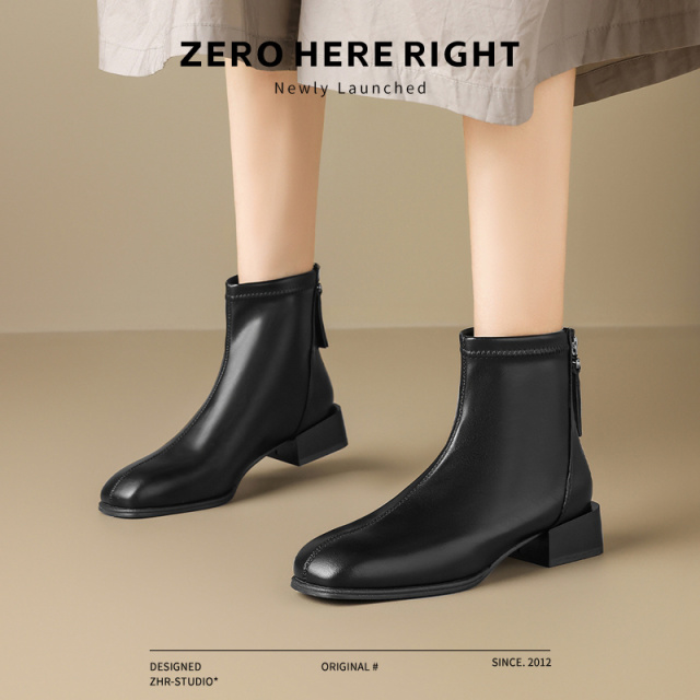 12734187.【ZHR则则】粗跟短靴[短绒]方头中跟后拉链女鞋[PU]
