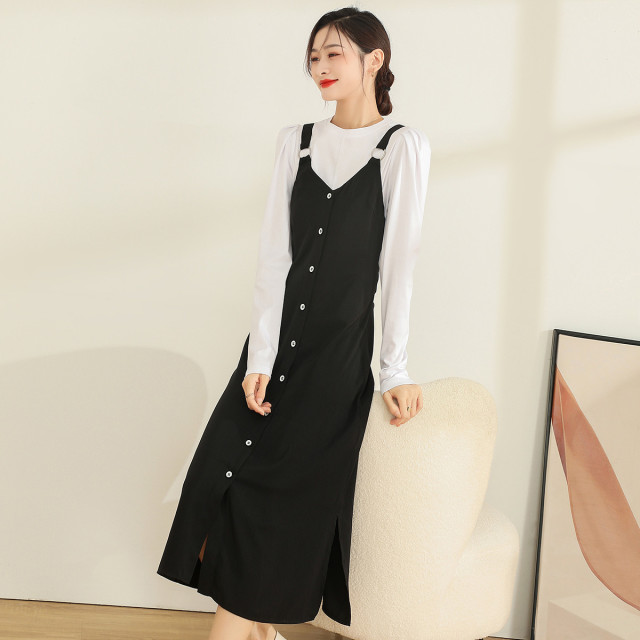 11185211.【专柜新品】【侧开叉】单排扣收腰显瘦背带连衣裙女吊带无袖长裙