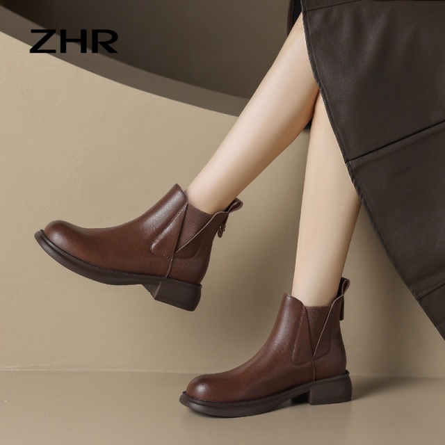13836335.【ZHR则则】切尔西靴圆头厚底松紧带女鞋[牛剖层移膜革+松紧带]