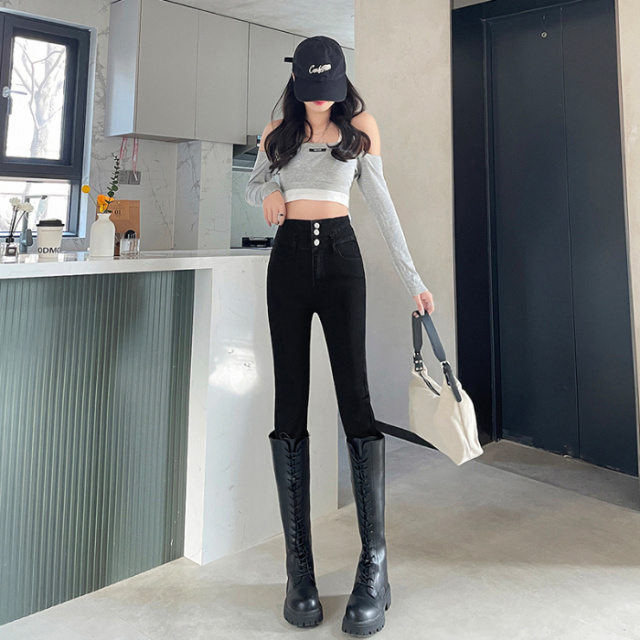 11163850.歌谛婕 复古小脚牛仔裤女紧身高腰显瘦铅笔裤设计感修身长裤子