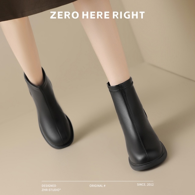 12733609.【ZHR则则】粗跟短靴[单里]圆头中跟后拉链女鞋[PU]