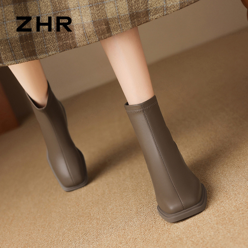 12734173.【ZHR则则】粗跟短靴[单里]方头中跟后拉链女鞋[PU]