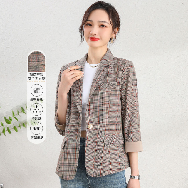 11192123.【专柜新品】【格纹七分袖简约西装】职业通勤百搭一粒扣西服外套女