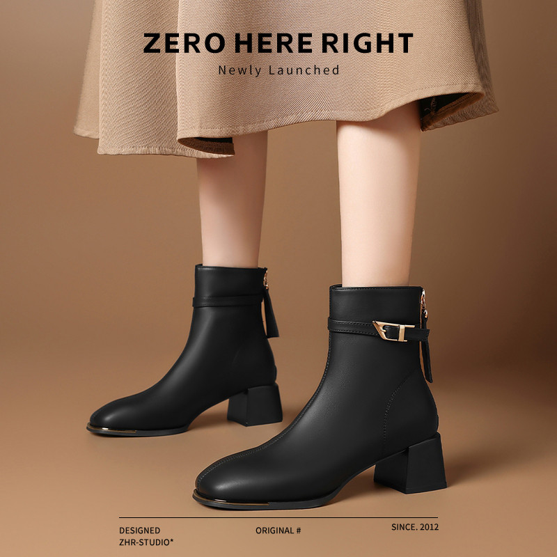 12734200.【ZHR则则】粗跟短靴[短绒]方头中跟后拉链女鞋[PU]