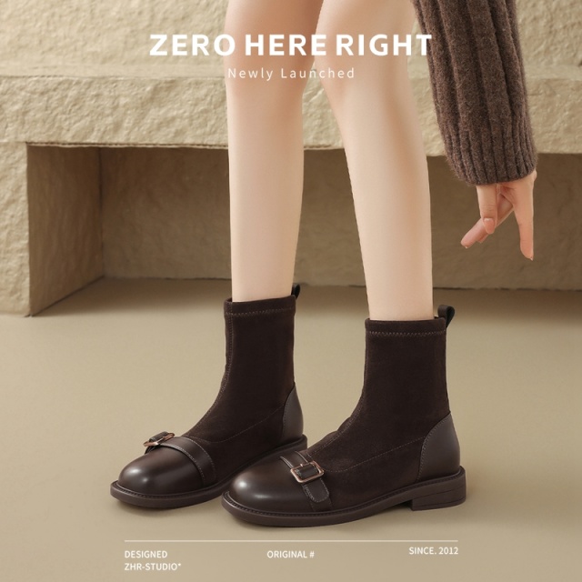 12734195.【ZHR则则】弹力短靴[短绒]圆头平底套脚女鞋[羊猄布+PU]
