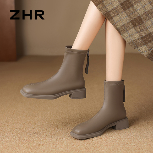 12734173.【ZHR则则】粗跟短靴[单里]方头中跟后拉链女鞋[PU]