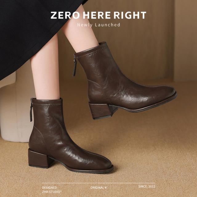 12734147.【ZHR则则】粗跟短靴[短绒]方头中跟后拉链女鞋[PU]