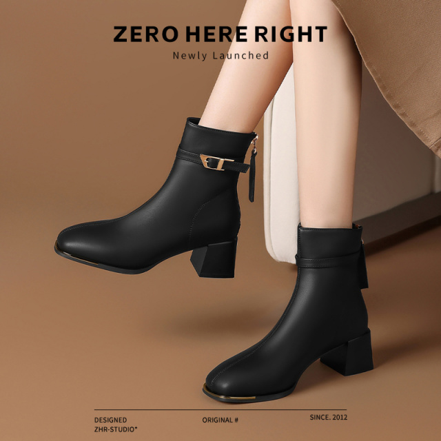 12734200.【ZHR则则】粗跟短靴[短绒]方头中跟后拉链女鞋[PU]