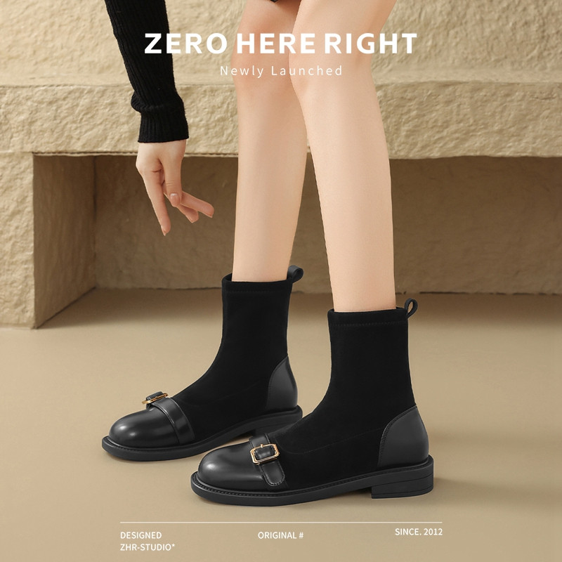 12734195.【ZHR则则】弹力短靴[短绒]圆头平底套脚女鞋[羊猄布+PU]