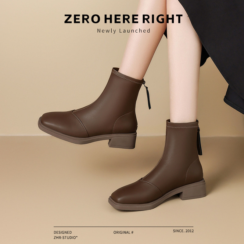 12734168.【ZHR则则】粗跟短靴[短绒]方头中跟后拉链女鞋[PU]