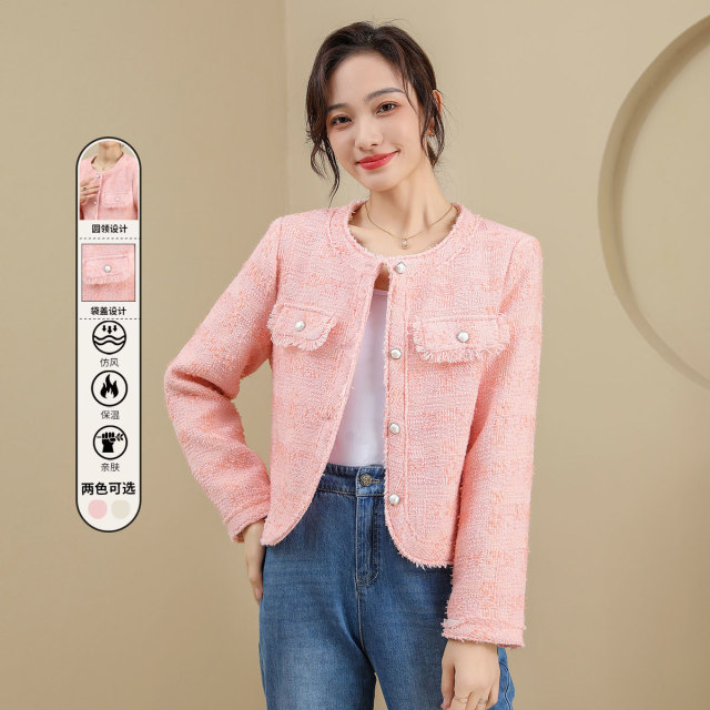 11192507.【专柜新品】【小香风】小个子圆领纯色短款上衣气质百搭外套