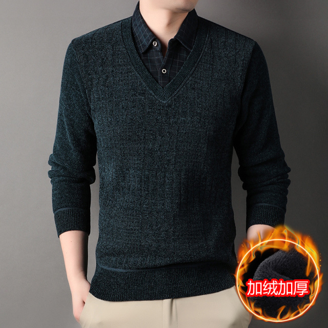 11185686.秋冬季加绒加厚毛衣男士翻领保暖上衣假两件套衣服男装中青年新款